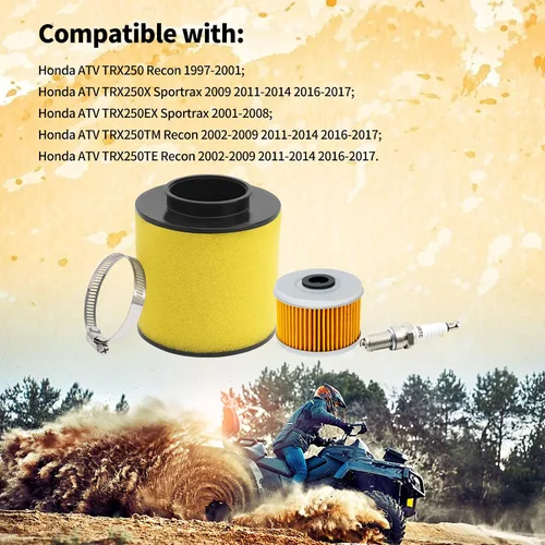 Vista 6 de TIANYAN 17254-HM8-000 Filtro de aire 15412-HM5-A10 Filtro de aceite con kits de bujías compatibles con Honda ATV Recon 250 TRX250TE TRX250TM TRX250X