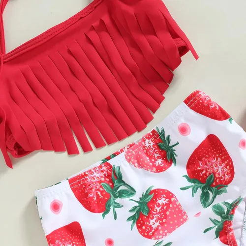 Vista 4 de Yccutest Traje de baño de flores para bebé, 3 piezas, parte superior triangular, parte inferior con volantes, sombrero para el sol, conjunto