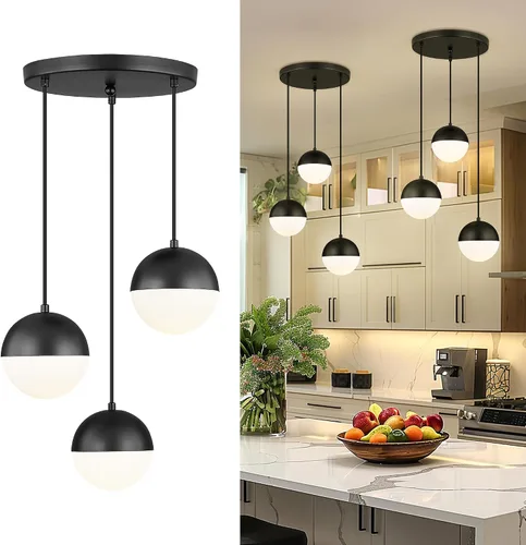 Vista 22 de LMS Lámpara Colgante de Mediados de Siglo de 6 Pulgadas, Lámparas Colgantes de Color Negro Mate con Cristal de Globo Blanco, Lámparas de Techo