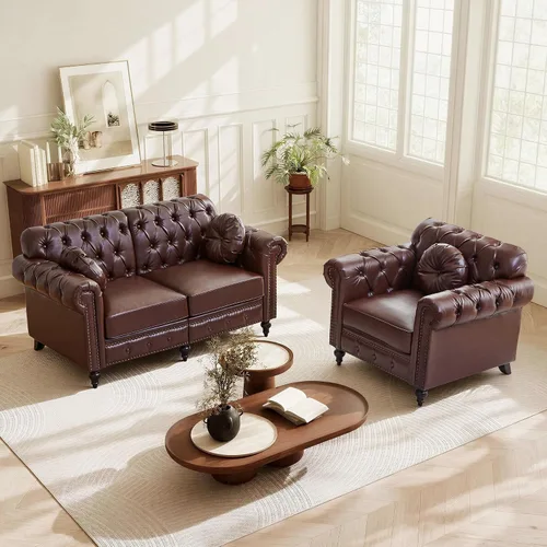 Vista 21 de ORRD Sofá de 2 piezas para sala de estar, silla moderna de piel sintética con respaldo alto, sofá biplaza con botón acolchonado, ribete de cabeza