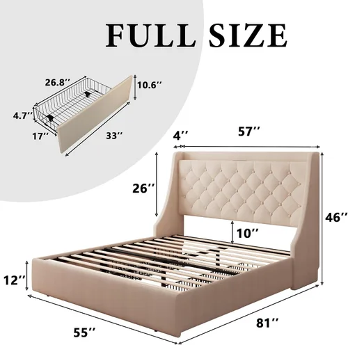 Vista 7 de iPormis Marco de cama tamaño completo con 4 cajones de almacenamiento, marco de cama de plataforma tapizada con puertos Type-C y USB, cabecera