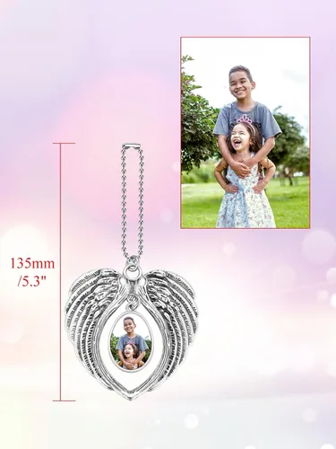 Vista 3 de Zysta Adorno para colgar en el automóvil, alas de ángel, foto de doble cara, grabado personalizado para colgar en el automóvil, soporte para marco