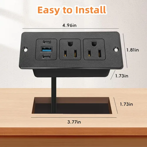 Vista 2 de Regleta de alimentación empotrable, salida de muebles USB-C de 20 W, color negro, 3 pies 2 AC + 3 USB (2 USB-C, 1 USB-A), Flush Mount