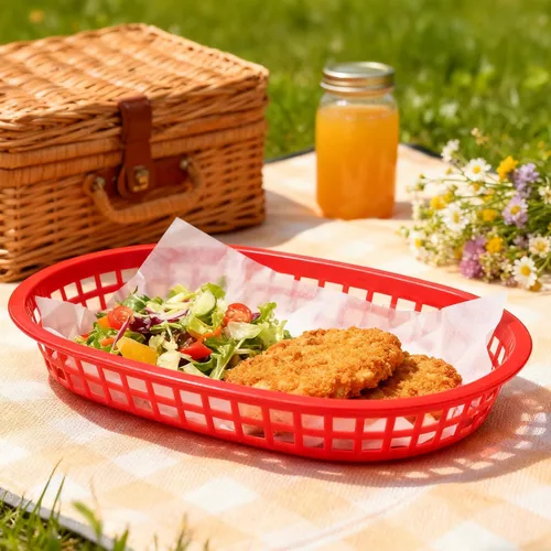 Vista 7 de MANCHAP Paquete de 50 cestas de plástico de 10.6 x 7 pulgadas para servir comida rápida, cesta ovalada de plástico para pan, frutas, perros
