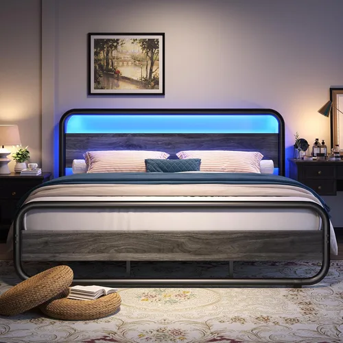 Vista 12 de Catrimown - Marco para cama individual con luces LED, marco de cama plataforma individual resistente de metal rústico con cabecera de madera
