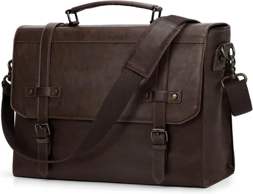 Vista 12 de RAINSMORE Bolsa de mensajero para hombre de 17 pulgadas, impermeable, de piel vintage, maletín para laptop, bolsa grande para laptop, cartera, bolsa