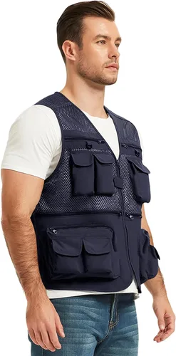 Vista 10 de Chaleco Flygo para hombre, para pesca, trabajo, safari, viaje de reportajes o para actividades al aire libre en verano, con bolsillos