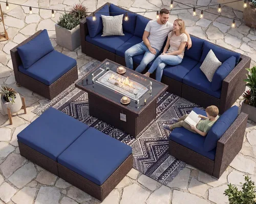 Vista 13 de NICESOUL Juego de muebles de patio de ratán extra grande con mesa para fogata de gas y propano, 29.3 pulgadas, respaldo alto, cómodos conversaciones