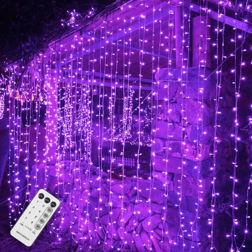 Vista 9 de WATERGLIDE - 300 luces LED para cortinas, luces de cuerda decorativas de Navidad con control remoto, 8 modos de iluminación, enchufe para decoración
