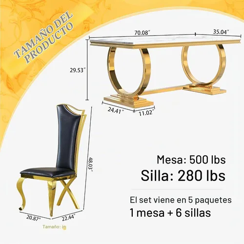 Vista 2 de Juego de mesa de comedor de mármol de 70 pulgadas para 6 bases doradas