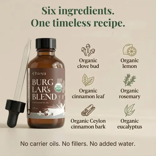 Vista 4 de THIEVA Burglar's Blend - Aceite esencial de 4 onzas – Mezcla de aceite puro orgánico USDA para limpieza doméstica de temporada, bienestar y difusor