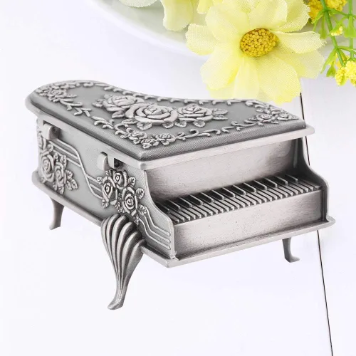 Vista 8 de Joyero de aleación de zinc tallado en forma de piano, con diseño de flor de rosa, organizador de almacenamiento de joyas, organizador