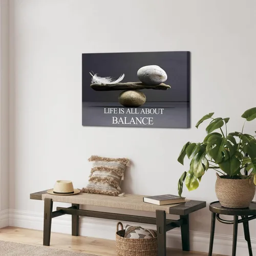 Vista 4 de Biuteawal Arte de pared motivacional zen, impresión en lienzo blanco y negro, piedras de equilibrio con plumas, pintura inspiradora, arte enmarcado