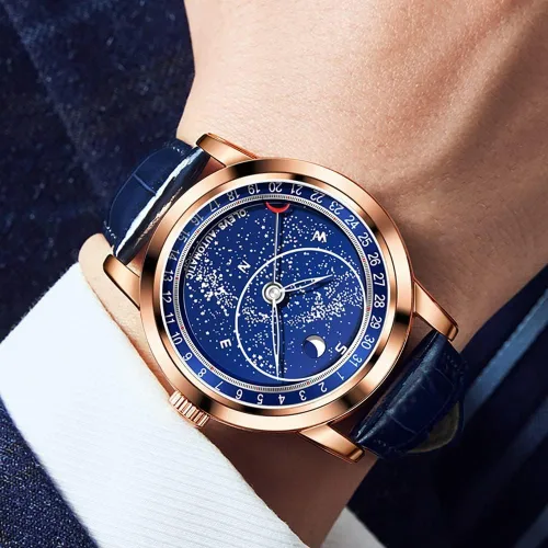 Vista 4 de OLEVS Reloj para hombre esfera de cielo estrellado Universo de Vía Láctea cuerda automática correa de cuero azul vestido de moda impermeable
