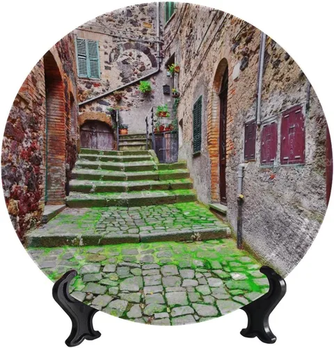 Vista 23 de Plato decorativo colgante de cerámica con temática de paisaje, plato decorativo redondo de plantas en maceta, con soporte decorativo, para sala