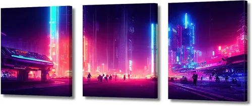 Vista 27 de Cuadros de 3 paneles de Cyberpunk City - Arte de pared de vallas publicitarias de edificios modernos en la capital con obras de arte modernas