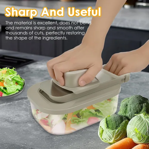 Vista 4 de Picador de verduras, cortador de alimentos con mandolina 9 en 1 para cocina, rallador de queso, picador de verduras con recipiente, 9 cuchillas
