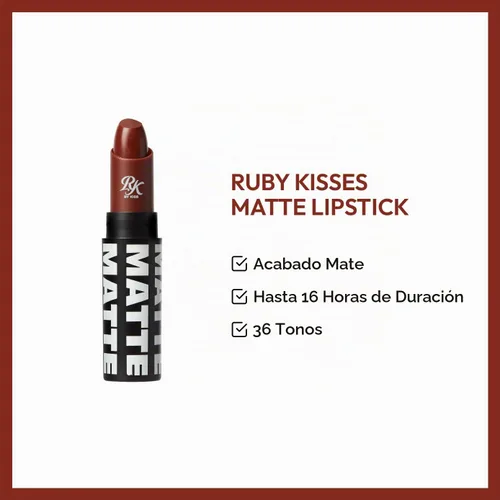 Vista 3 de Labial de Ruby Kisses, acabado mate, de larga duración, altamente pigmentado, de aplicación suave, maquillaje de labios de cobertura total (Nut-Ella)