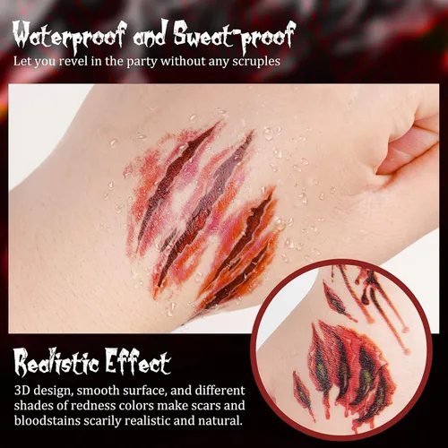 Vista 3 de NiHome 40 hojas de Halloween terror extraíble realista falso tatuaje temporal, traje de zombi Cosplay herida de sangre sangrado cicatriz variedad