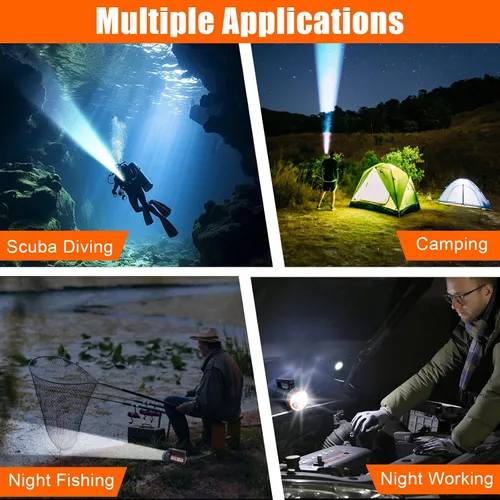 Vista 4 de Linterna de buceo recargable con pantalla de alimentación, IP68 impermeable y sumergible, interruptor doble, 4 modos, reflector LED portátil