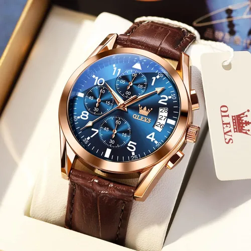 Vista 9 de OLEVS Reloj cronógrafo de cuarzo para hombre correa de cuero dorada con fecha de día reloj de pulsera de acero inoxidable impermeable relojes