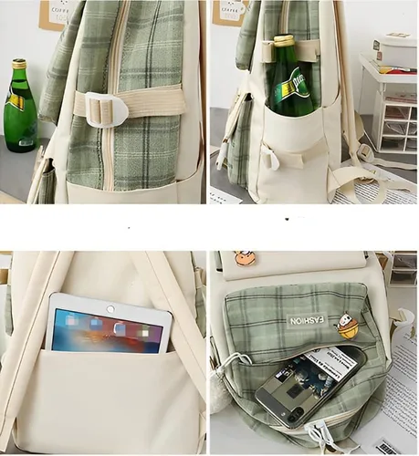 Vista 6 de Mochila Kawaii a cuadros para mujer, 5 unidades, con colgante de oso, bolsa de libros para el regreso a clases, bolsa de viaje casual, Rosado