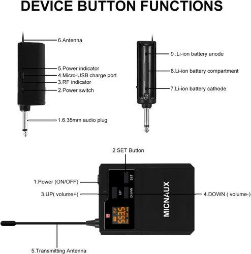 Vista 8 de Sistema de micrófono inalámbrico de solapa con auriculares y micrófonos de solapa, transmisores UHF, mini receptor recargable, 48 canales en 500