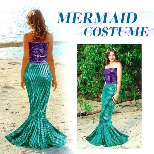 Vista 3 de Newcotte 4 piezas de disfraz de sirena para mujer, falda de tubo de lentejuelas, cintura de perla y cadena para la cabeza para Halloween Cosplay
