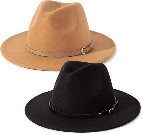 Vista 12 de Lisianthus Paquete de 2 Sombreros Fedora Clásicos de Ala Ancha con Hebilla de Cinturón para Hombre y Mujer Conjunto 1