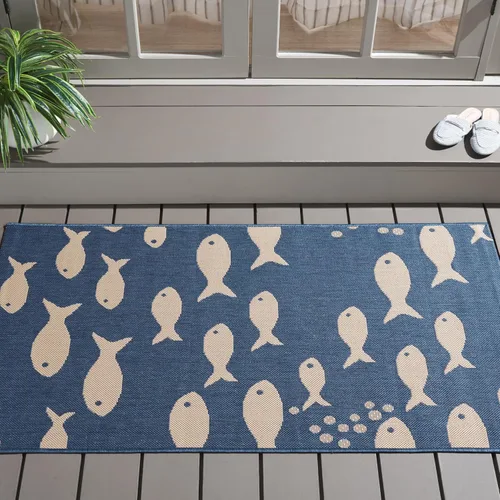 Vista 21 de SAFAVIEH Alfombra lavable para exteriores, colección Patio de 2.3 x 12 pies, color azul y beige, no desprende pelusa y fácil de limpiar, ideal