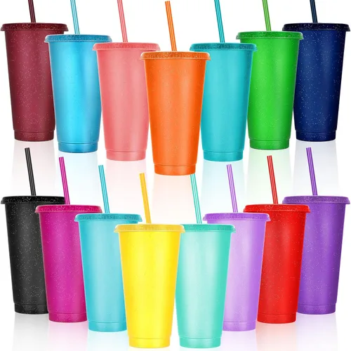 Vista 35 de Honeydak Paquete de 60 vasos con popote y tapa, vasos a granel para regalos, tazas de café de plástico con purpurina de 24 a 27 onzas, botella