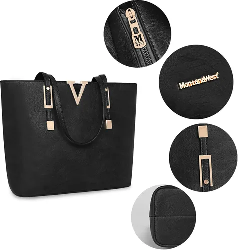 Vista 4 de Montana West Bolso de mano para mujer bolso de hombro de cuero vegano tamaño grande y mediano juego de 2 monederos