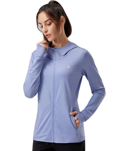 Vista 17 de Soothfeel Chaqueta con capucha y protección solar UPF 50+ para mujer, ligera, de manga larga, con bolsillo, para senderismo al aire libre d-celeste