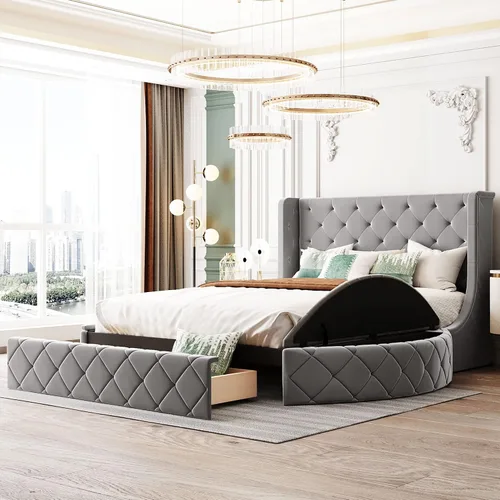 Vista 13 de SOFTSEA - Base de cama de tamaño queen de terciopelo con plataforma, base de cama tapizada con botones y cabecera de alas, 1 cajón grande y 2 Beige