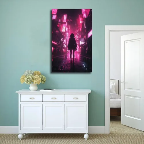 Vista 4 de Arte de pared retro de anime Vaporwave - Impresión de paisaje urbano de neón - Póster Cyberpunk Noir para dormitorio o estudio, decoración de pared