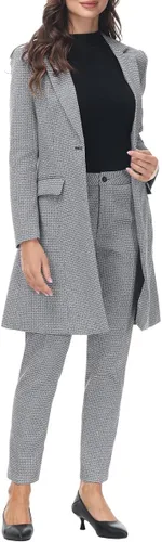 Vista 3 de Conjunto de 2 piezas de blazer largo con pantalones para mujer, a cuadros, elegante, para oficina casual de negocios Gris