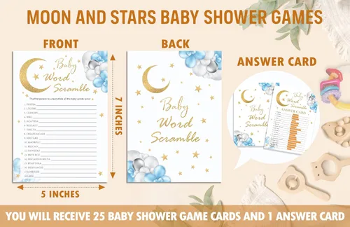 Vista 2 de Tarjetas de juego Baby Word Scramble, juegos de baby shower de luna y estrellas, 25 cartas y 1 clave de respuesta