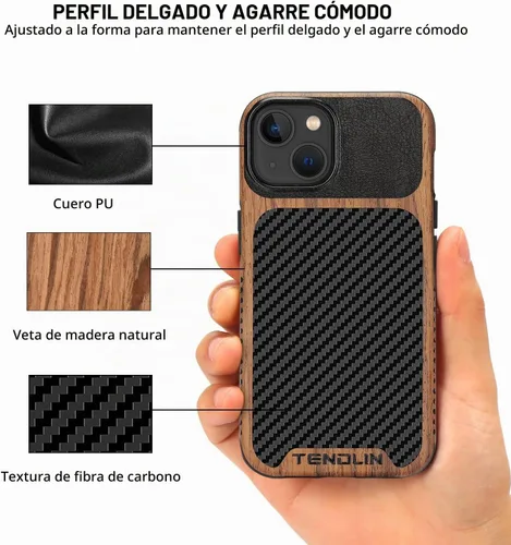 Vista 3 de TENDLIN Compatible con Funda para iPhone 14 de Grano de Madera con Diseño de Textura de Fibra de Carbono, Funda Híbrida de Cuero delgada Negra Negro