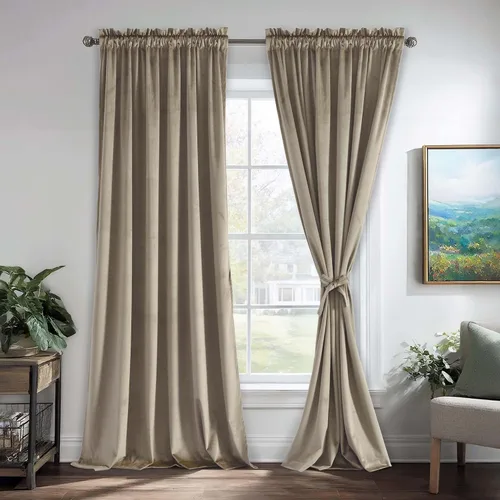 Vista 65 de JIUZHEN Cortinas de terciopelo beige de 63 pulgadas de ancho x 63 pulgadas de largo, cortinas de terciopelo retro suaves con bolsillo para barra
