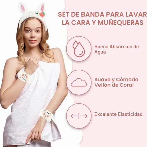 Vista 4 de CAVETEE Juego de 3 piezas de diadema linda - Diadema elástica cosmética de spa, pulsera para mujeres, cuidado facial y ducha Oreja de conejo blanco