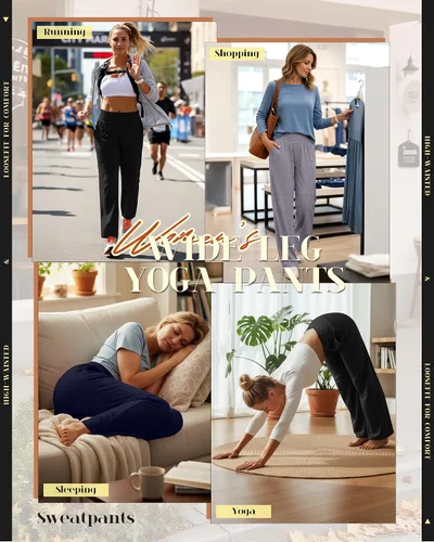 Vista 90 de Neer - Conjunto de 3 pantalones de yoga de pierna ancha para mujer - Pantalones deportivos cómodos, holgados, de cintura alta y casuales