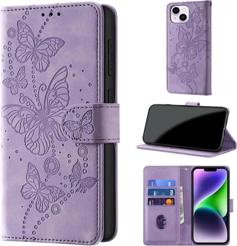 Vista 11 de Funda tipo cartera para iPhone 14 Plus, color borgoña Bloqueo RFID, soporte para 3 tarjetas, carcasa de TPU a prueba de golpes, cierre magnético