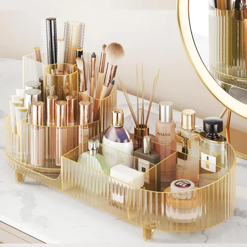 Vista 10 de COMFYROOM Organizador de maquillaje para tocador con soporte para brochas, organizador de maquillaje cosmético de 3 capas, organizador de maquillaje