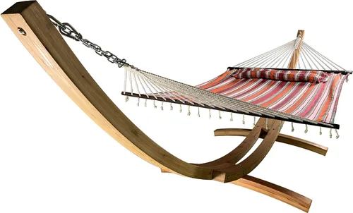 Vista 2 de Hamaca de arco de madera tratada con agua de 14 pies + cama hamaca acolchada de primera calidad, cama doble acolchada. Cama para 2 personas. Beige
