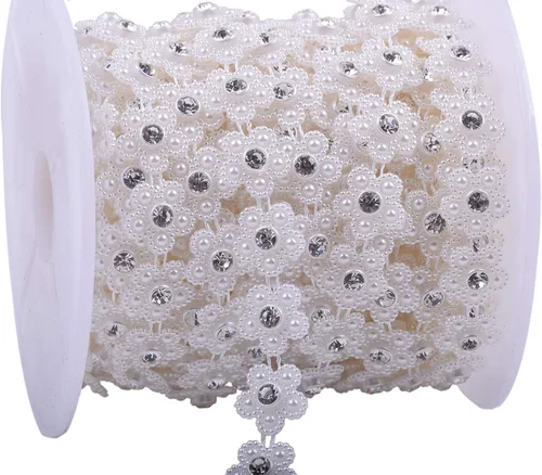 Vista 16 de KAOYOO Cinta con diamantes de imitación, 10 yardas con perlas de imitación, rollo de cuentas florales de perlas sintéticas para vestidos de boda