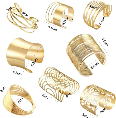 Vista 5 de 8 pulseras para mujer, pulseras de alambre ancho abierto, pulsera dorada