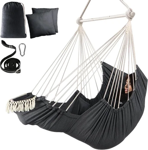 Vista 7 de Chihee Silla hamaca colgante con reposapiés, 2 cojines, máximo 500 libras, barra separadora de metal resistente, plegable, fácil almacenamiento