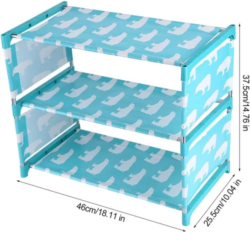 Vista 3 de Estantes apilables de 3 niveles, zapatero pequeño para niños, fácil de montar, organizador de zapatos para entrada, pasillo y armario (azul)