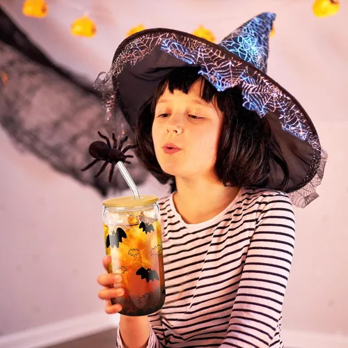 Vista 5 de meekoo 6 tazas de vidrio de Halloween de 16 onzas, tazas de café helado, calabazas, murciélagos, fantasmas, vasos de cerveza con tapas y pajitas