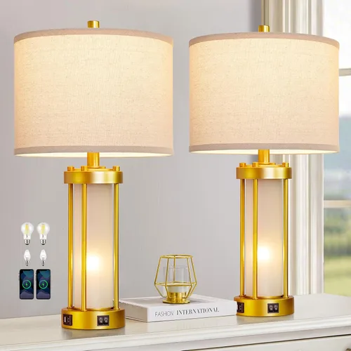 Vista 15 de Lámparas de mesa modernas para sala de estar, lámparas industriales de mesita con 2 puertos USB, lámpara rústica de mesita con luz nocturna